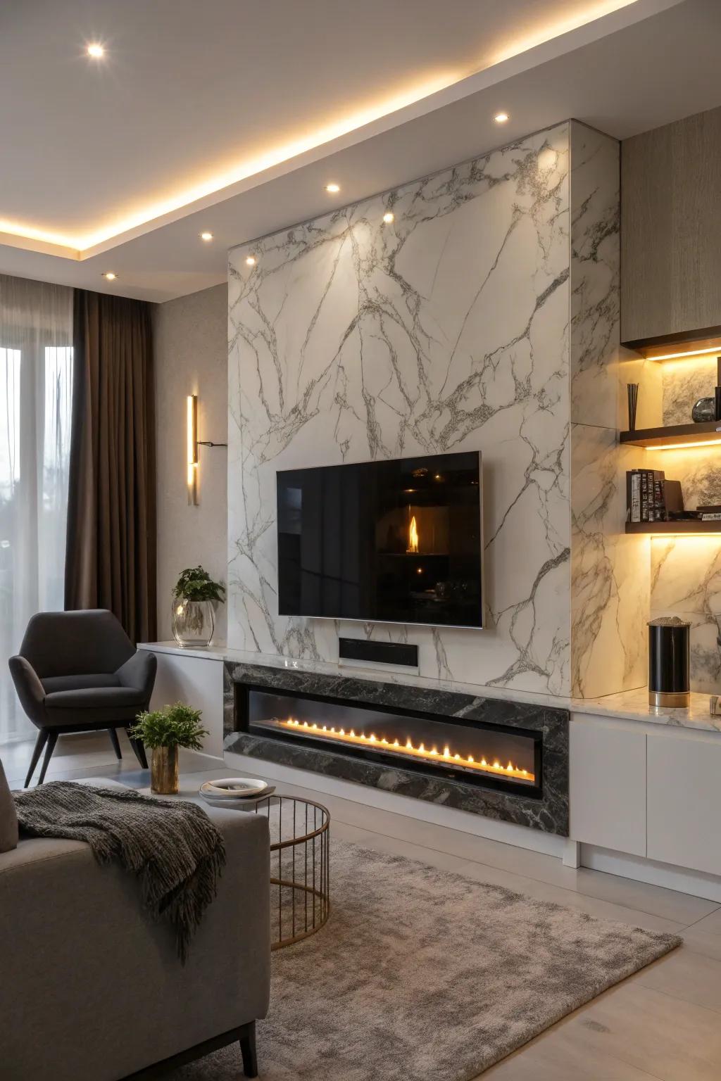 A modern living area showcasing a marble fireplace wall with an integrated TV.