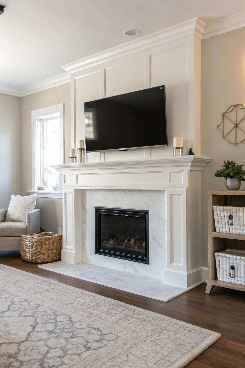 A minimalist living room showcasing a bright fireplace and TV arrangement.