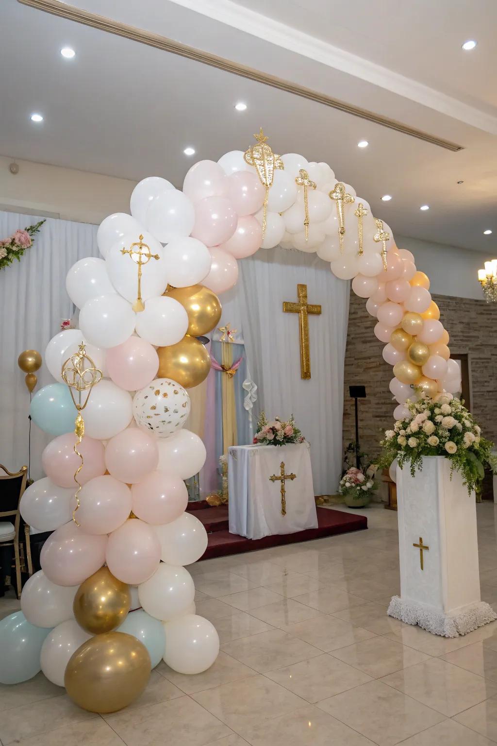 A striking balloon arch is ideal for emphasizing any First Holy Communion party.