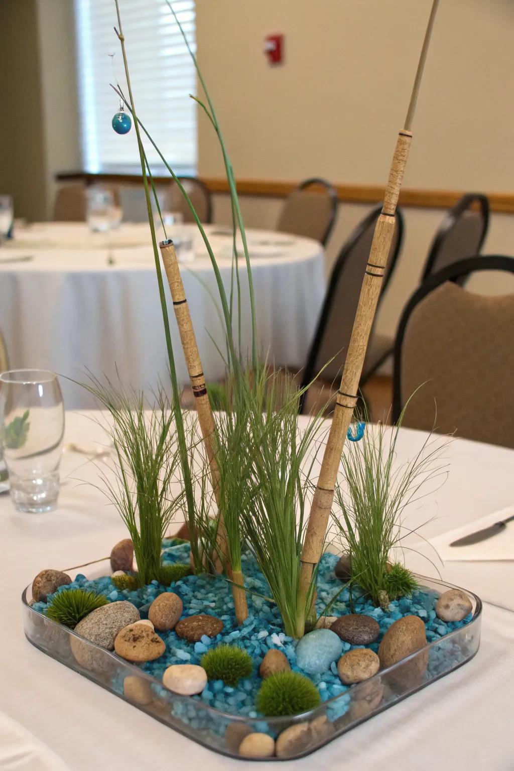 Charming small angling poles make a whimsical touch to any centerpiece.