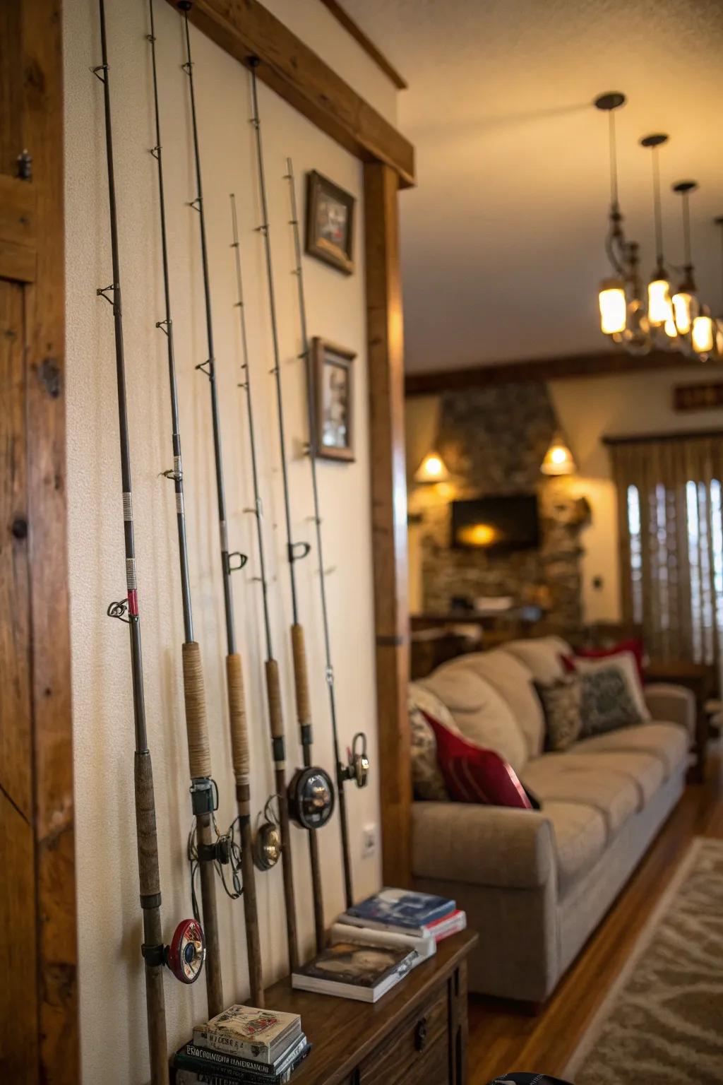 Classic angling poles transform an ordinary wall into an engaging exhibit.