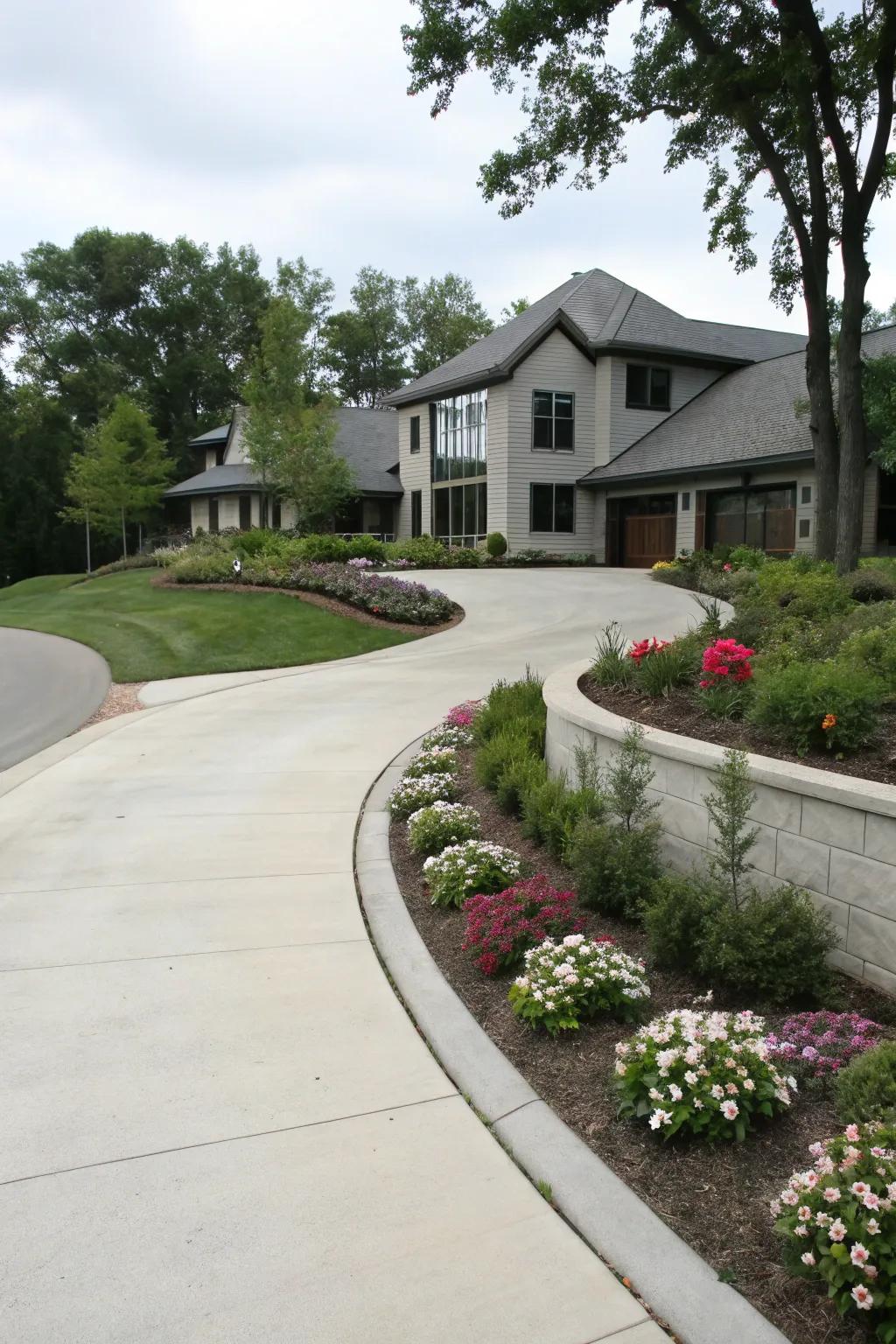 A beautifully curving access road leading to a modern residence, enhanced by thriving landscaped edges.