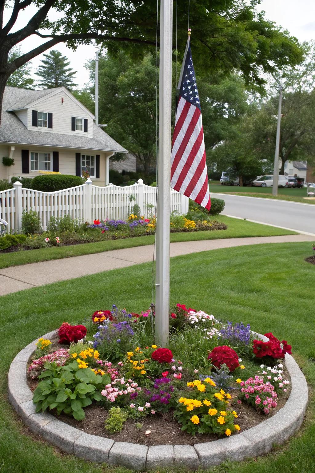 A rounded floral display enveloping a flagpole establishes a compelling core feature.
