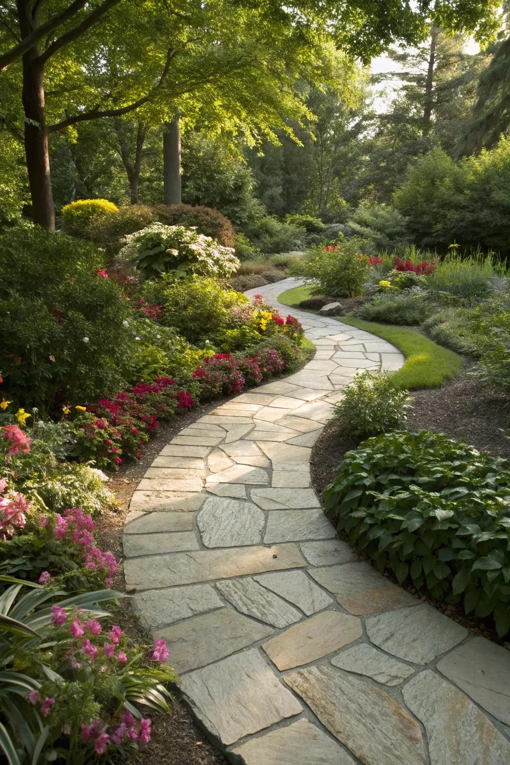 A gracefully curved slate path meandering through a tranquil garden setting.