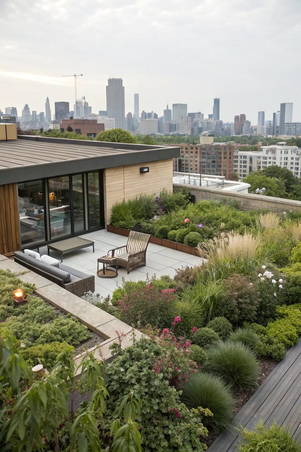 A rooftop garden atop a flat roof garage offers a tranquil escape at home.
