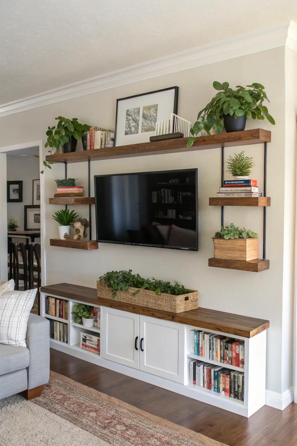 Establish visual harmony using symmetrical floating shelves beside your TV.