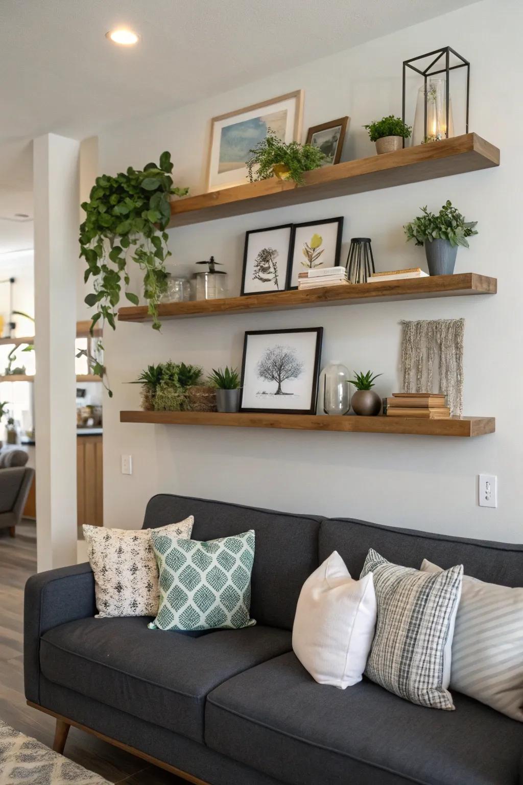 Decorative ledges above a sofa enhance appeal and usefulness.