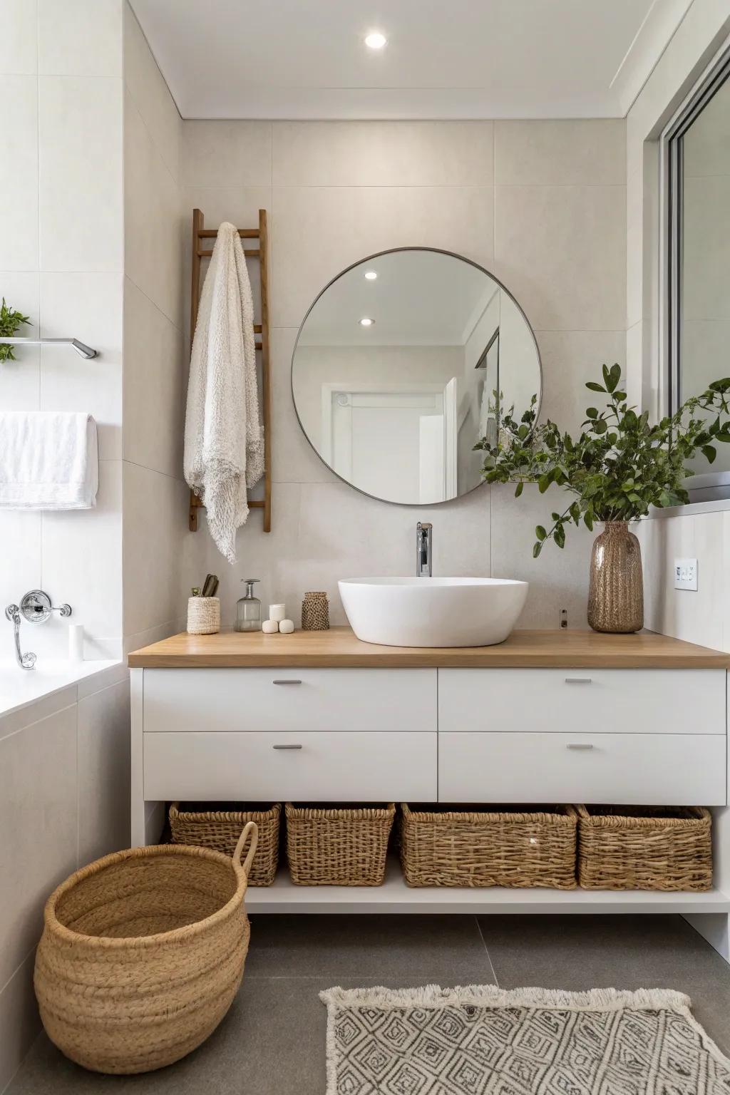 A minimalist bathroom showcasing a white floating vanity set against neutral backgrounds.