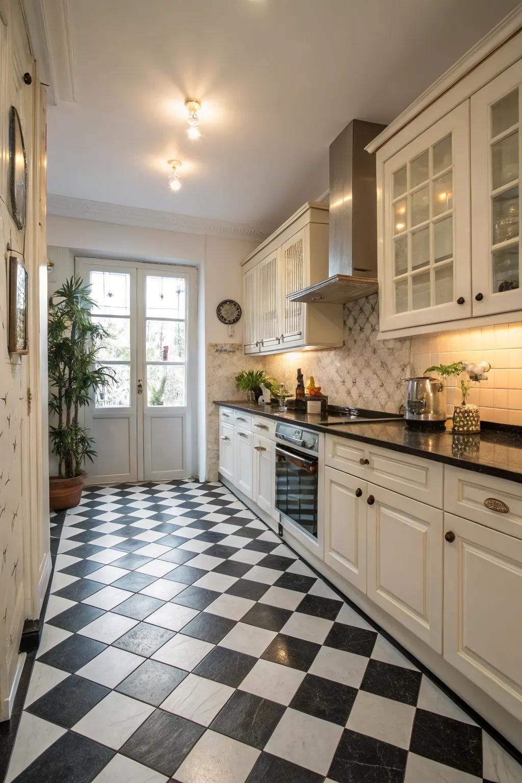 A classic checkerboard layout introduces sophistication to any kitchen.