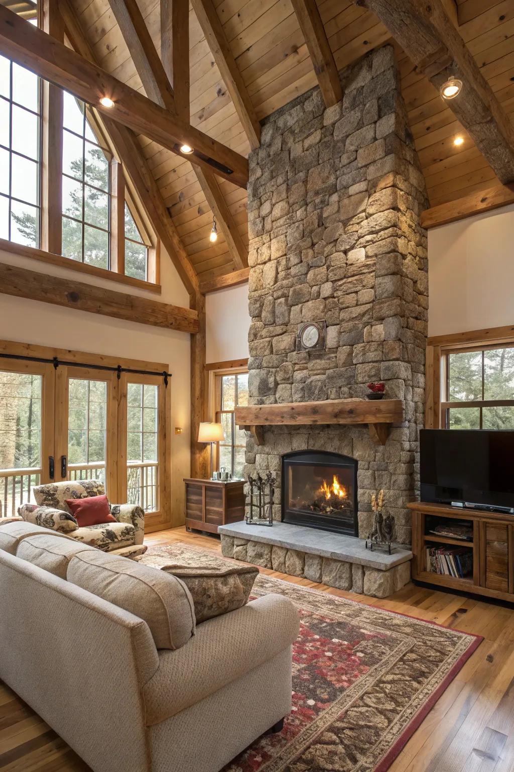 A rustic living room showcasing a majestic floor-to-ceiling stone fireplace.