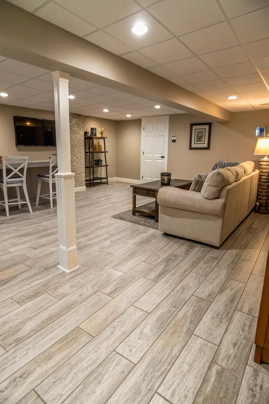 Gray tile flooring imparts a streamlined, contemporary vibe to any basement.