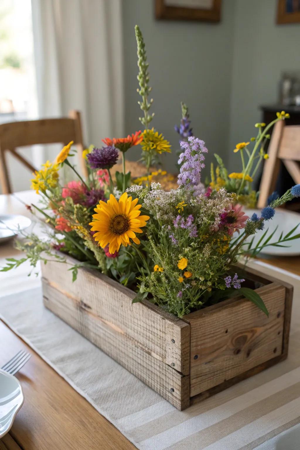 A rustic wildflower centerpiece presented in a wooden container, bringing a country-inspired charm to the dining table.