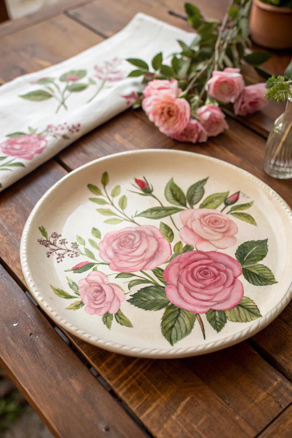An exemplary rose pattern imparts lasting elegance to any plate.