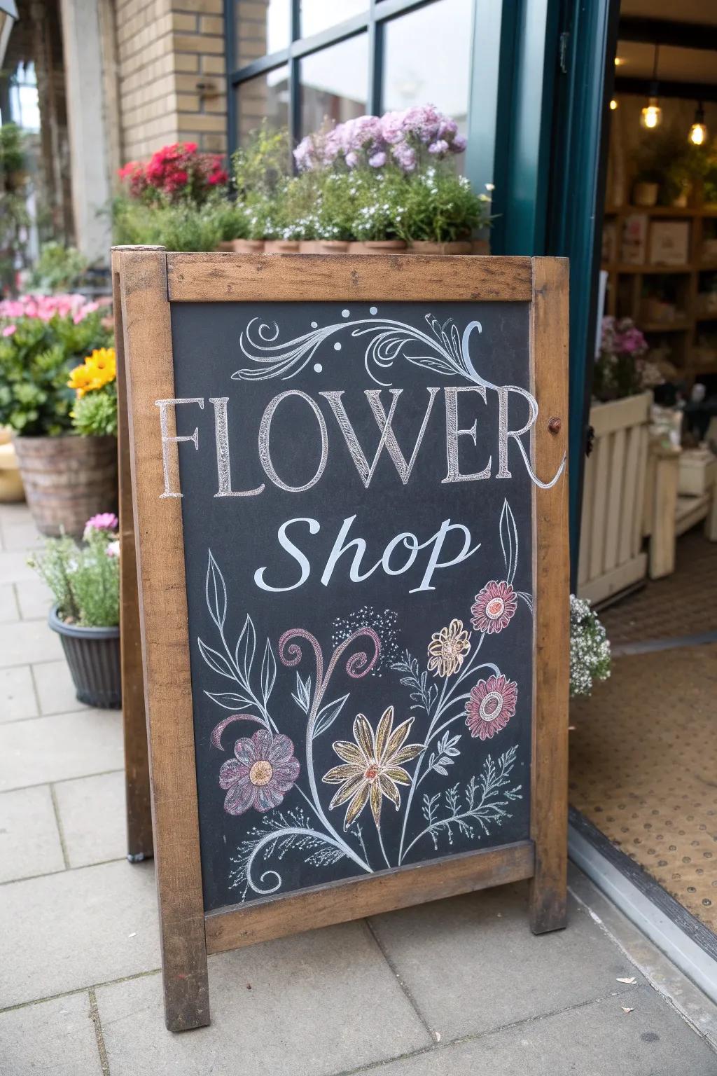 Enchanting classic slate marker infusing a nostalgic element to the flower boutique