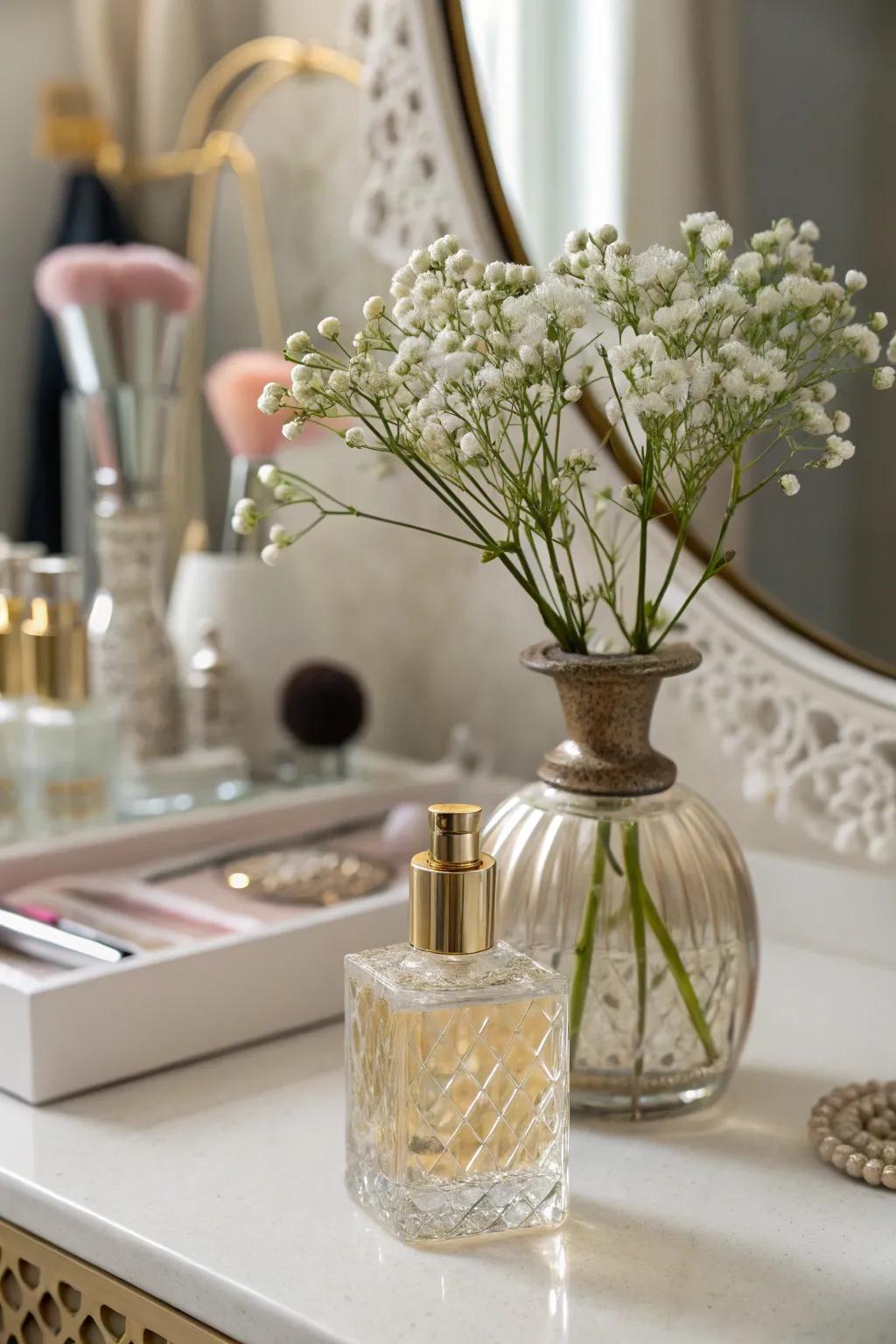 Transform your old perfume bottles into graceful flower vases exuding luxury.