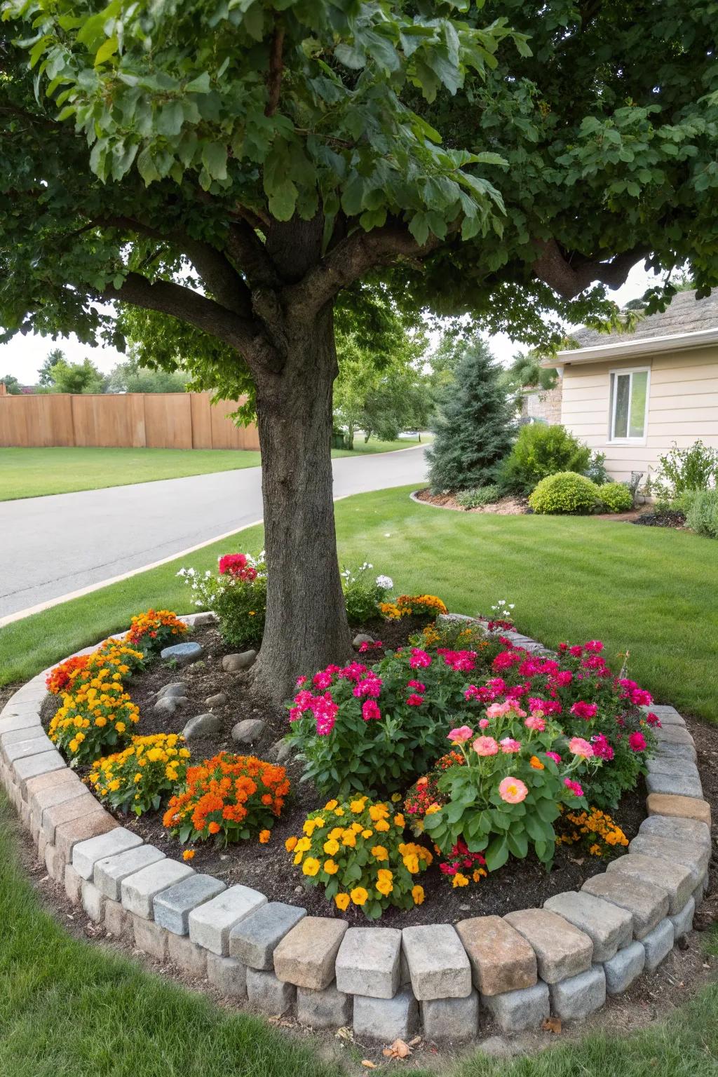A tree surrounded by a sophisticated stone border, enhancing the garden’s allure.