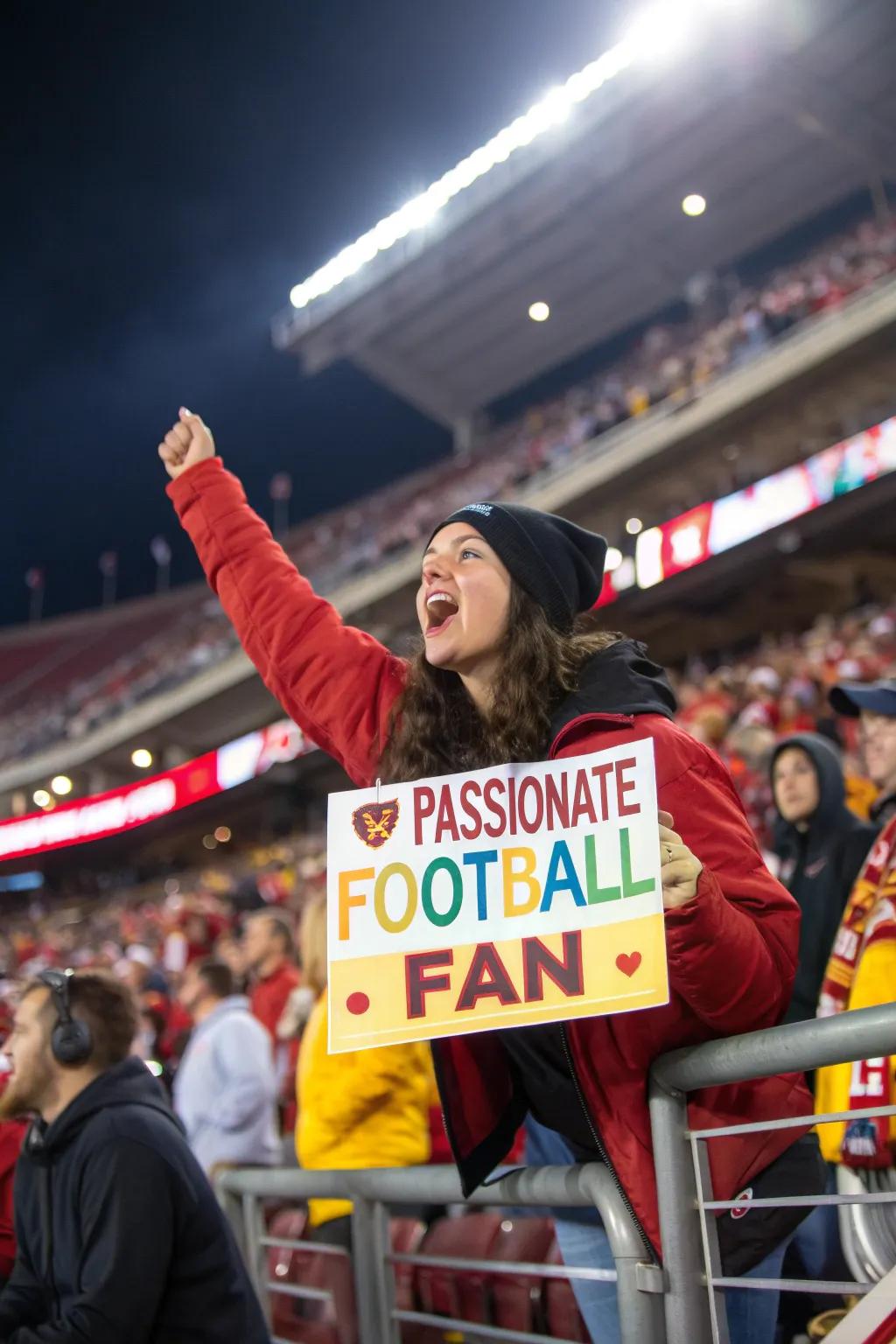 A fan lightens the mood with a funny sign.