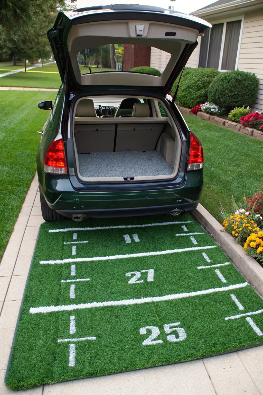 With green turf and white yard lines, transform your vehicle trunk into a tiny football field.