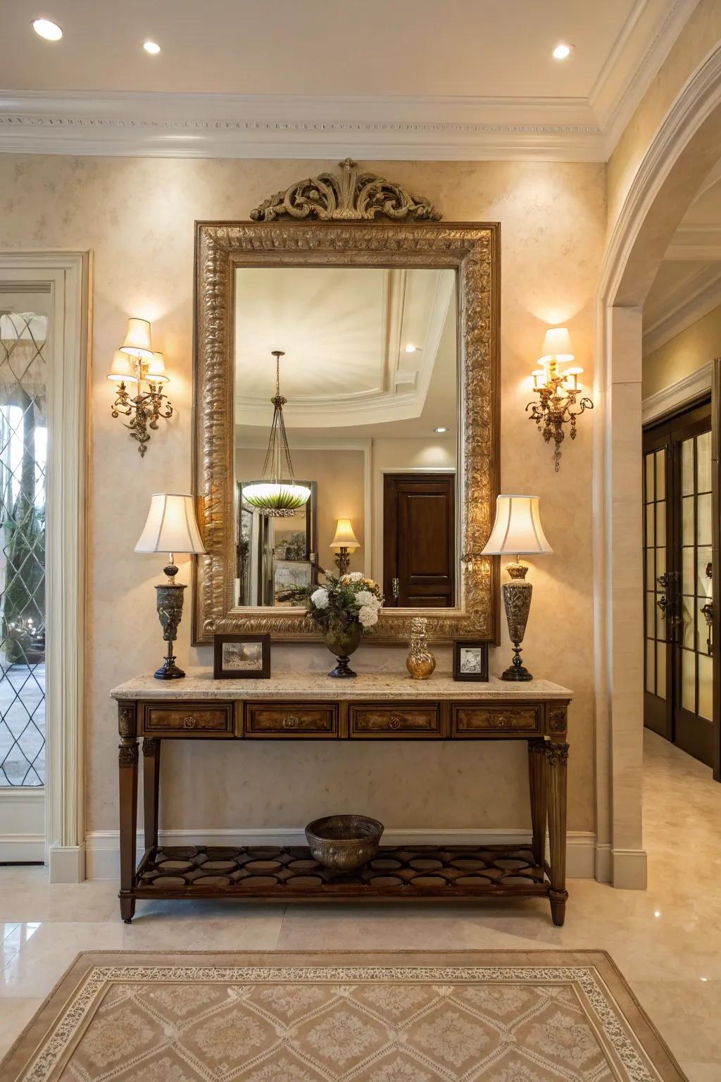 A large mirror has the power to revolutionize a foyer, imparting a more open and elegant impression.