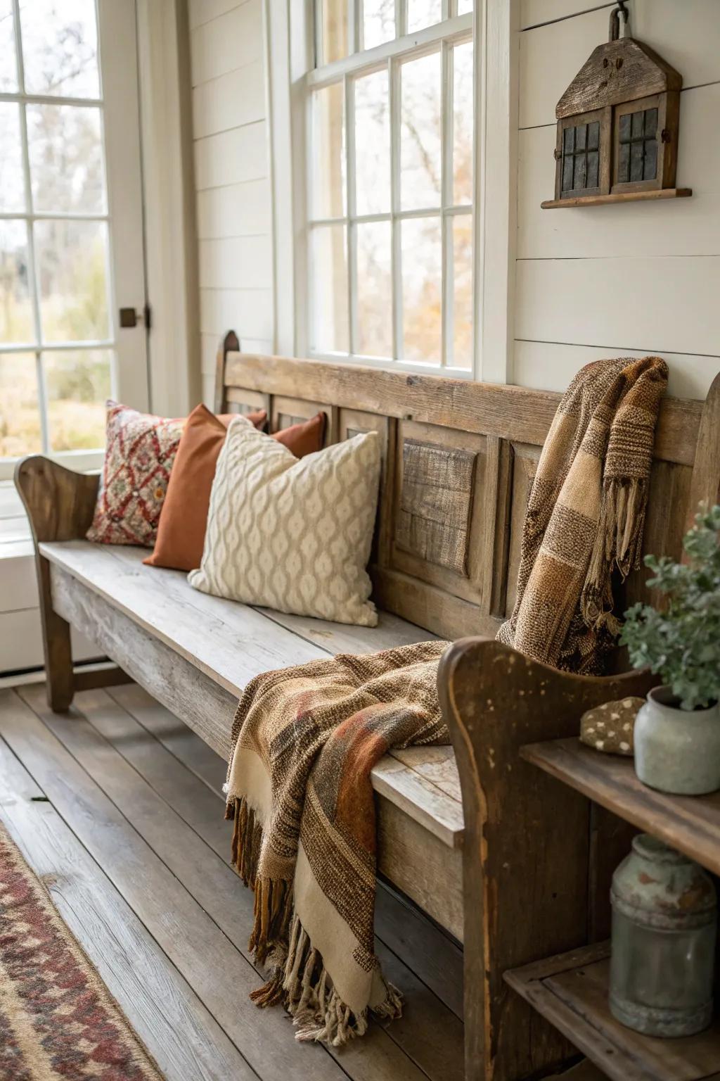A country timber bench adds coziness and utility.