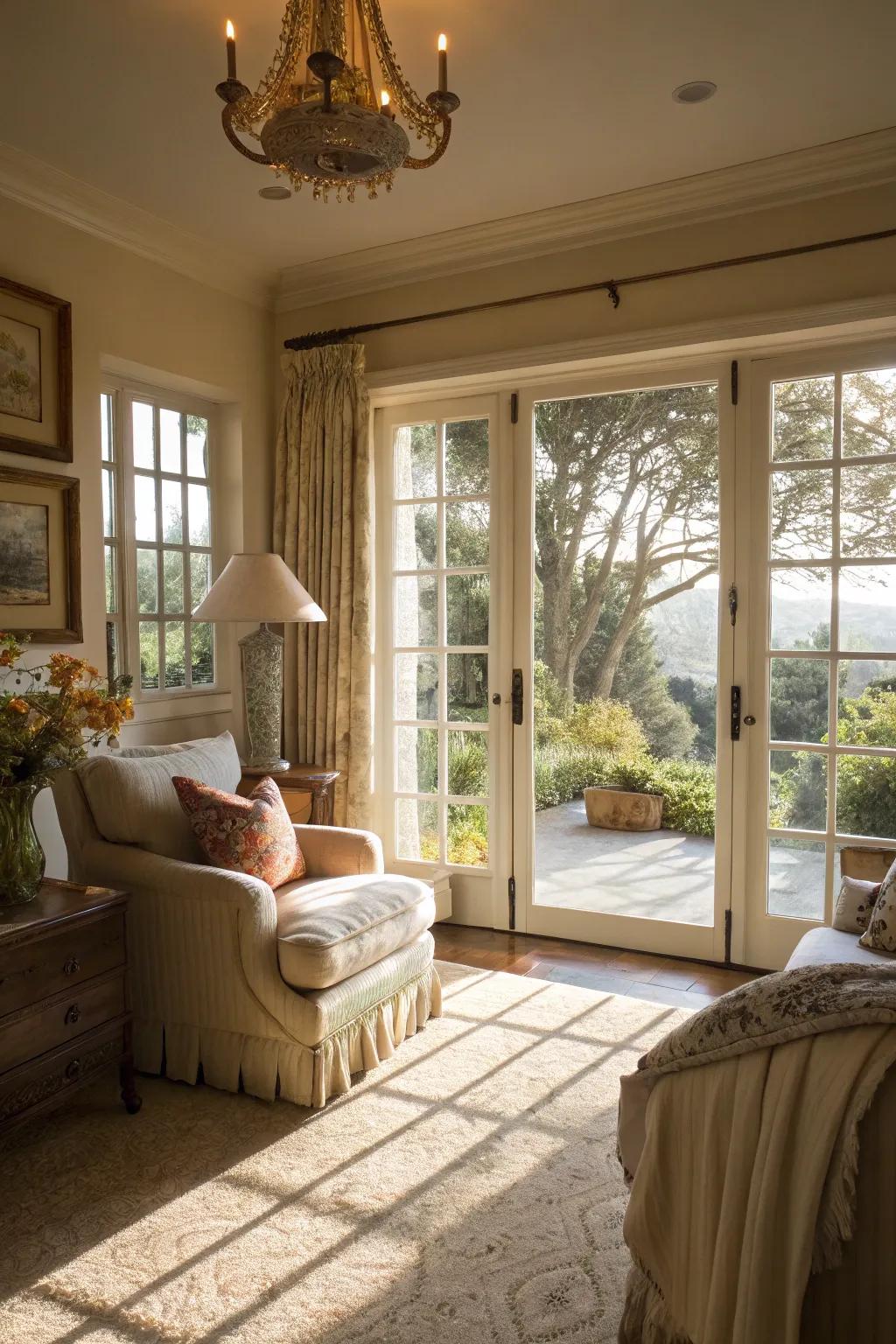 Sunlight filtering through French doors adds brightness to any area.