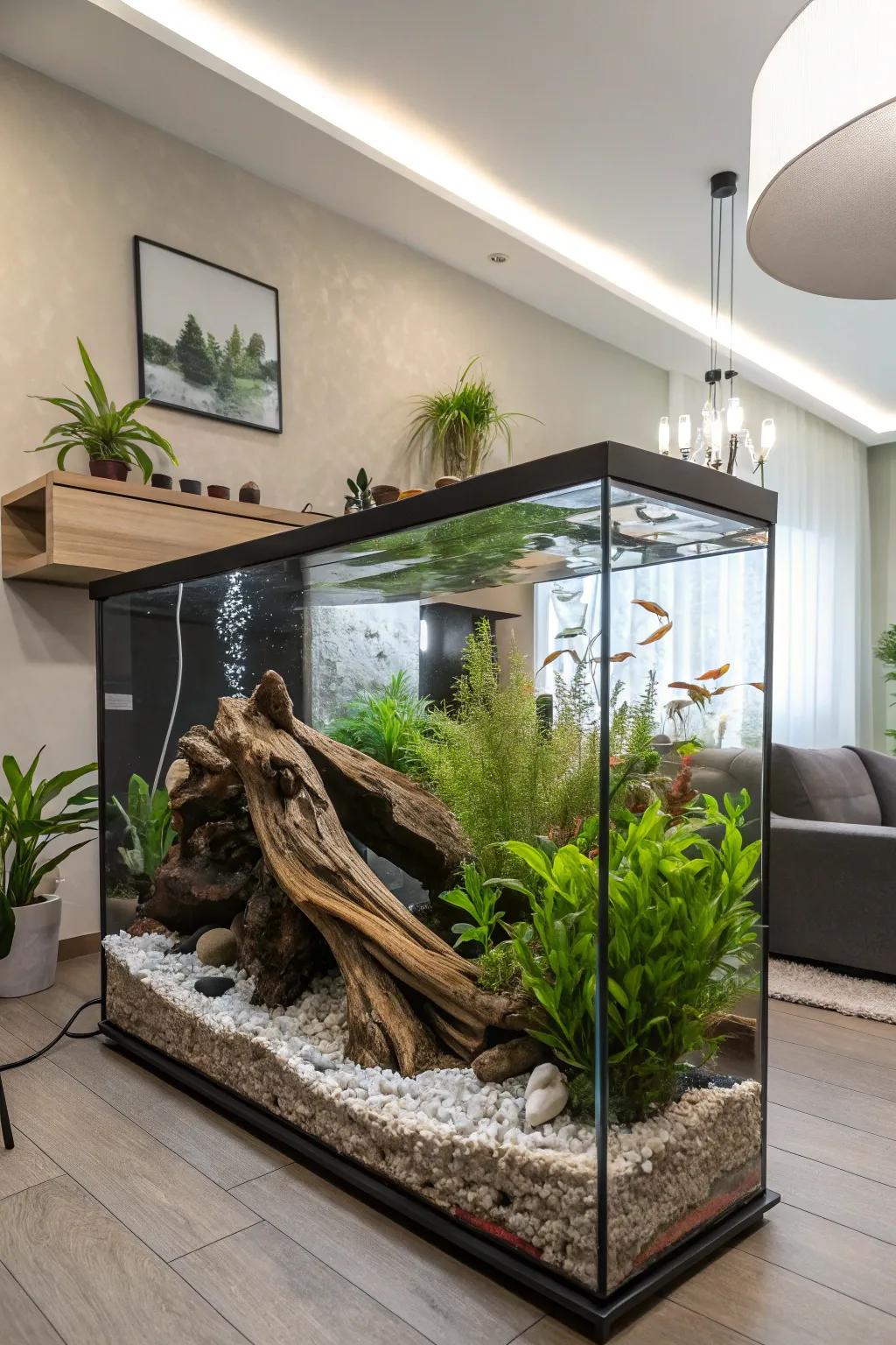Aquascaping artfully turns a fish tank into a vibrant underwater scene.