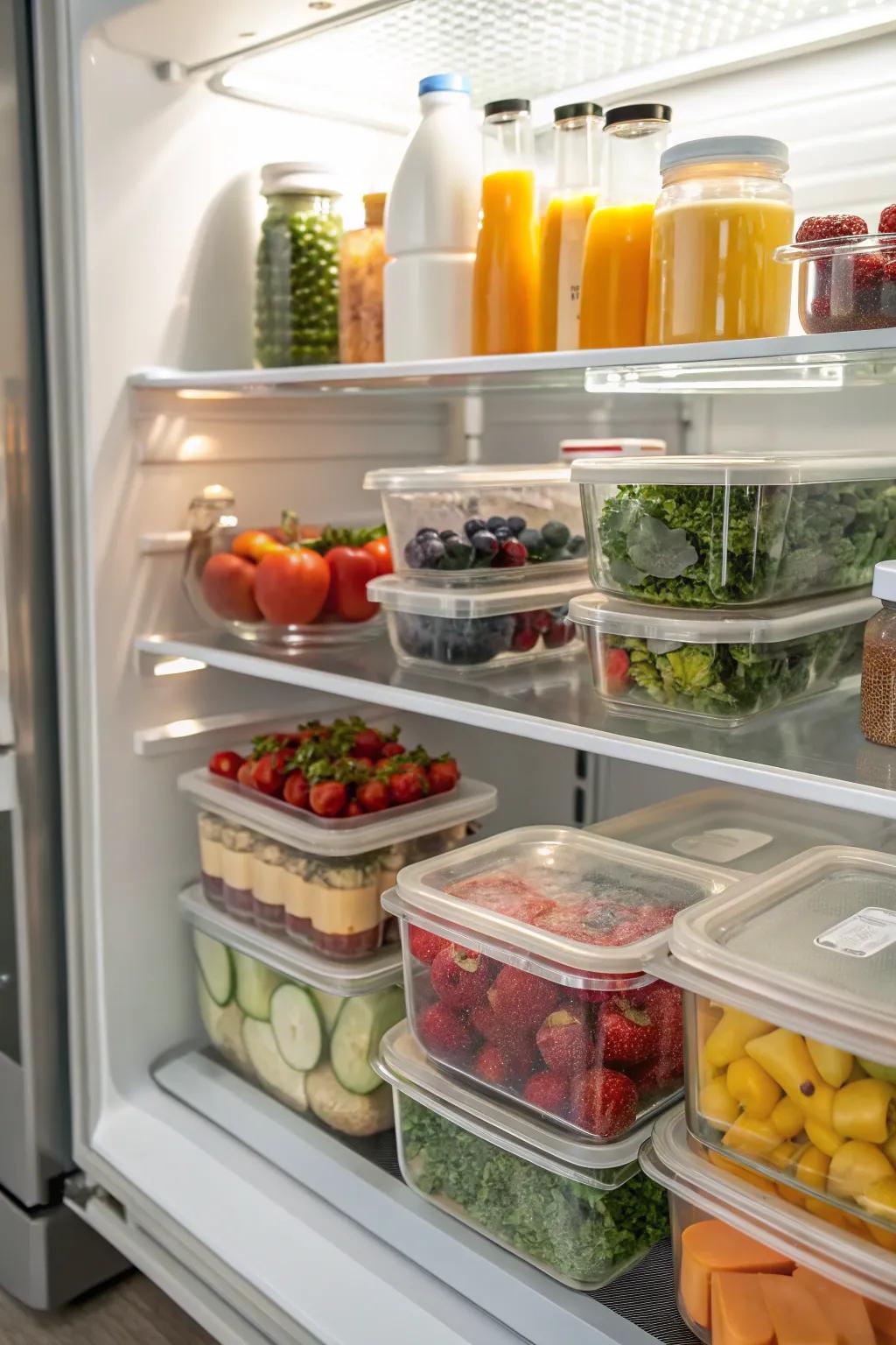 Transparent containers elegantly arranged on the shelves of a refrigerator.