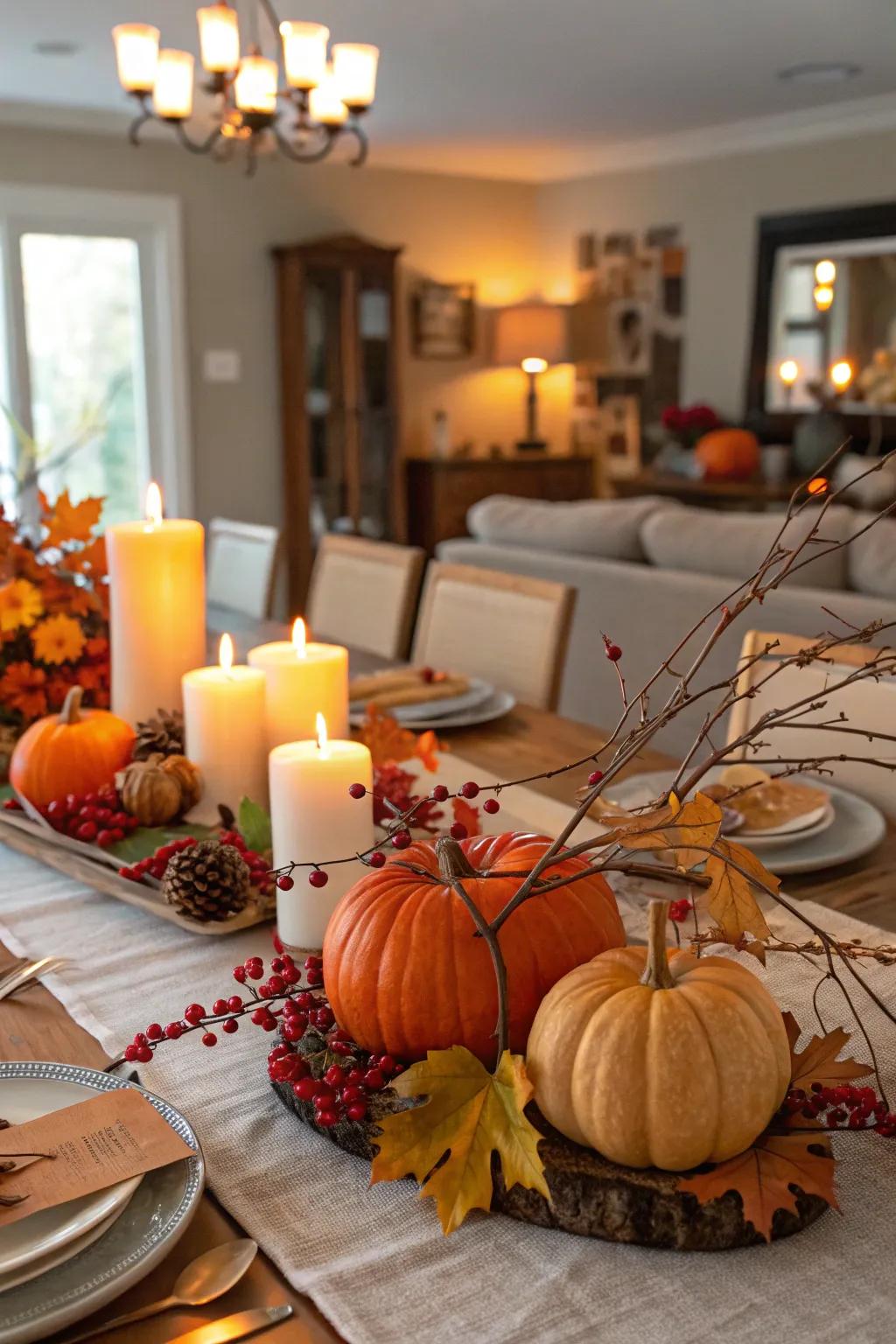 A cozy Friendsgiving tablescape featuring pumpkins and candles.