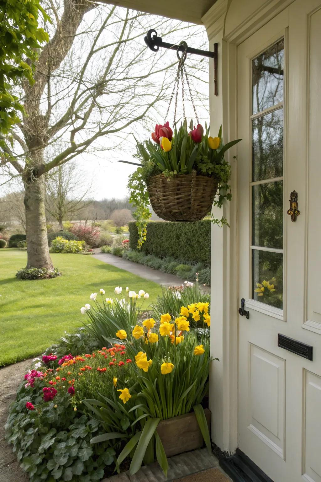 Spring tulips and jonquils infuse your front door with vibrancy.