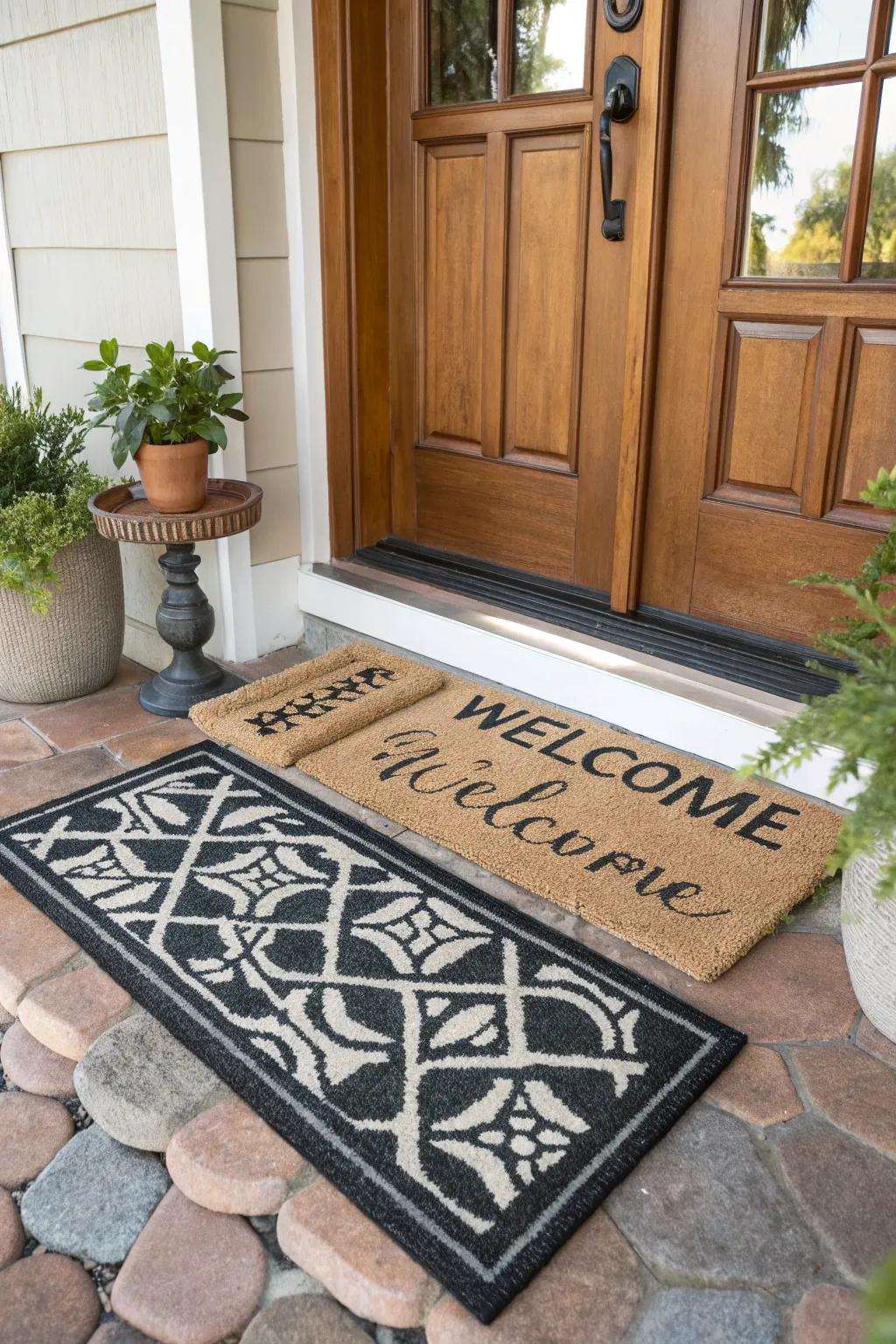 Layered entryway mats creating an inviting entrance.