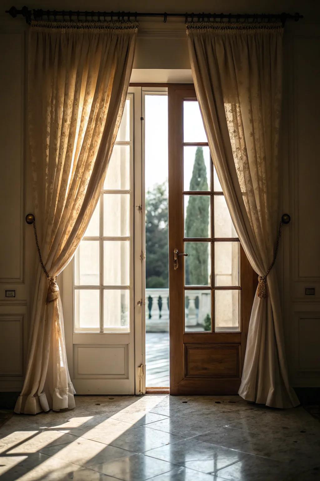Classic drapes bring a sense of warmth and timeless elegance to any entryway.