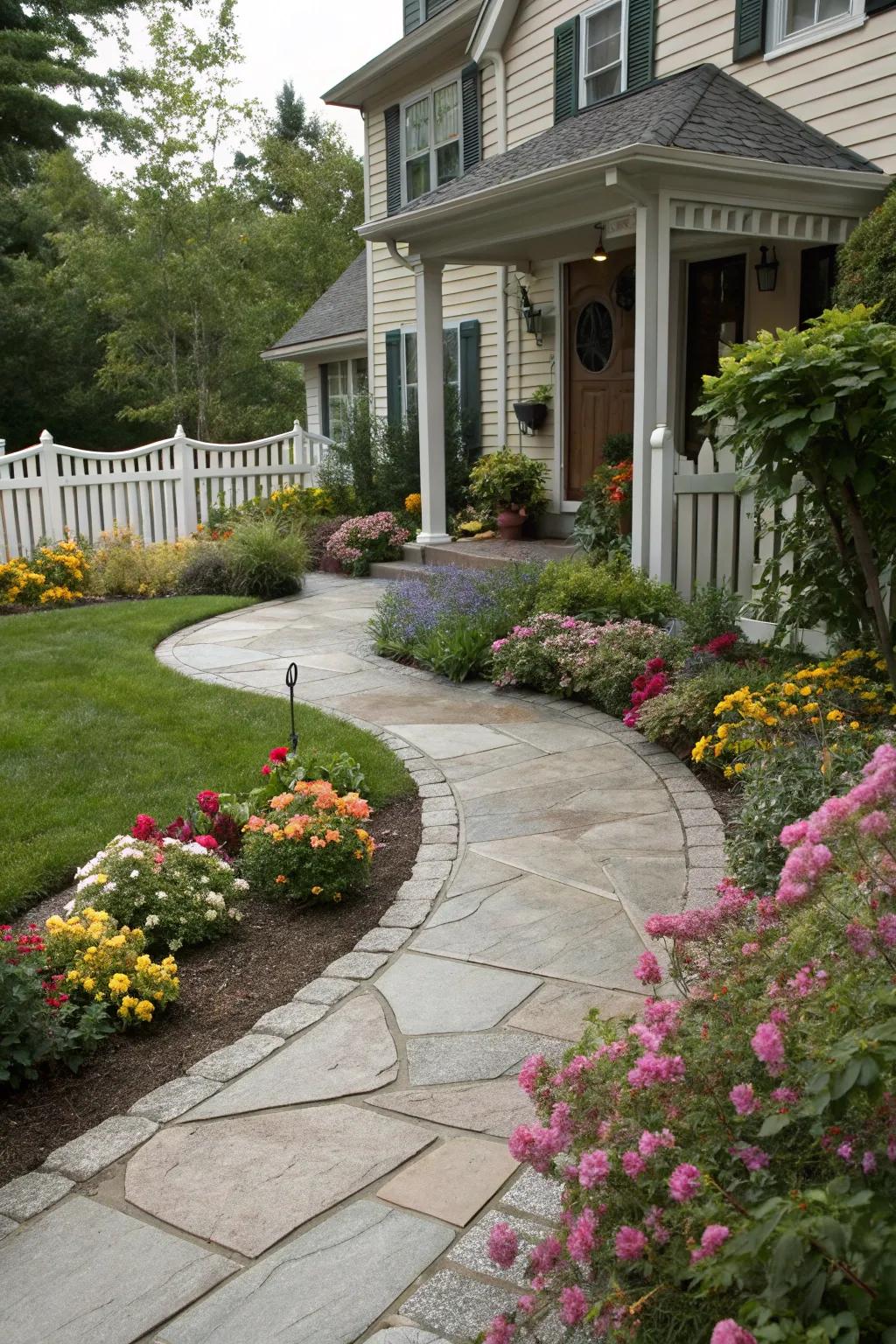 An attractive curved walkway guides visitors to the front door