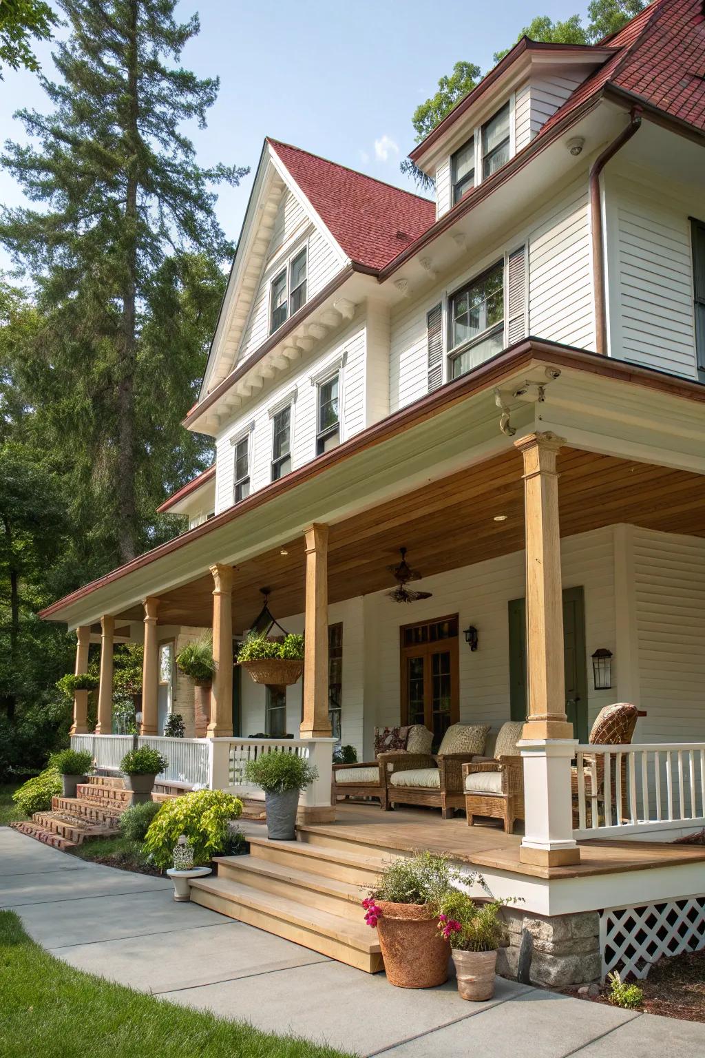A classic home featuring a spacious front porch, blending comfort with elegance.