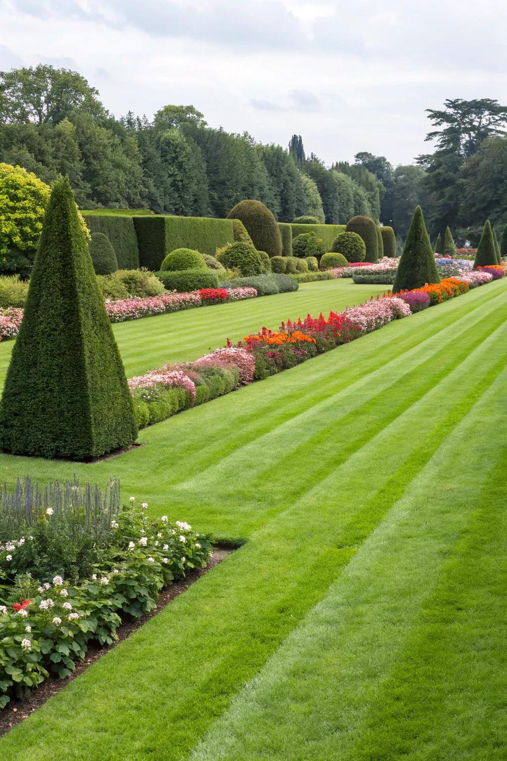 A lush green lawn, beautifully bordered by hedges and floral accents.