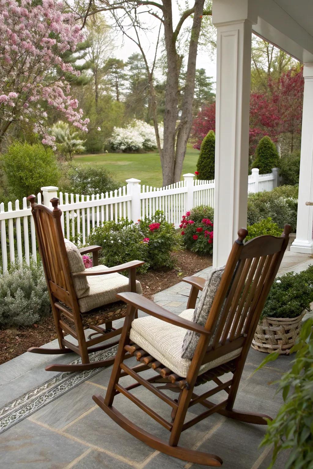 Timeless rocking chairs bring classic charm and relaxation.