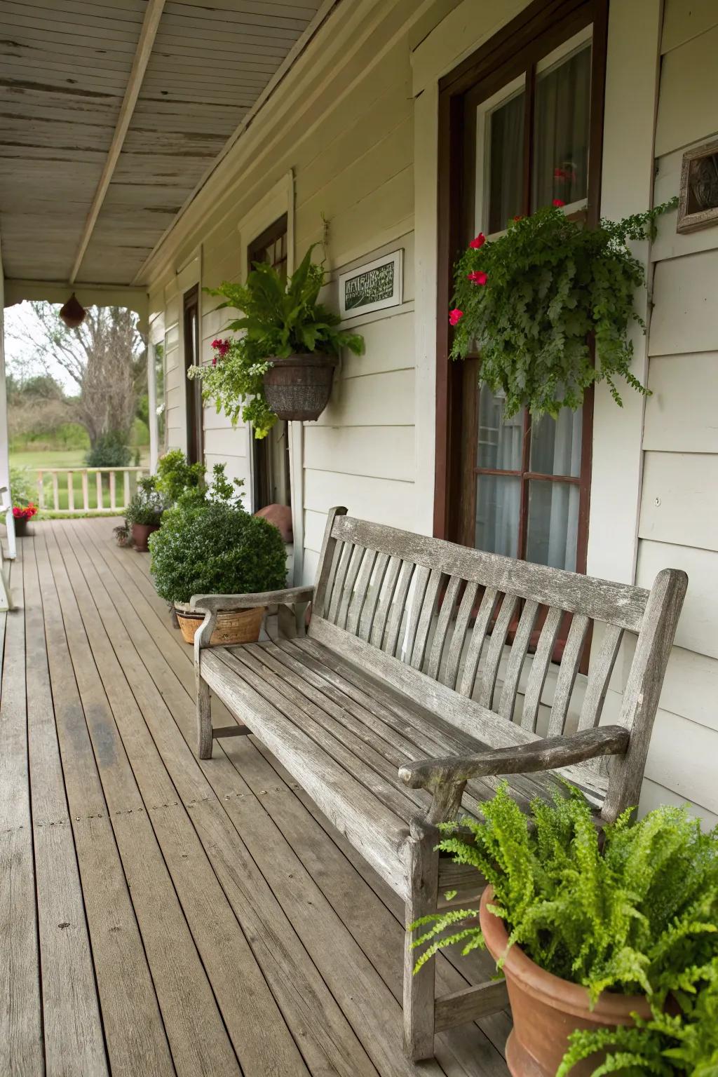 A timeless wood bench enhances the rustic charm of this porch.