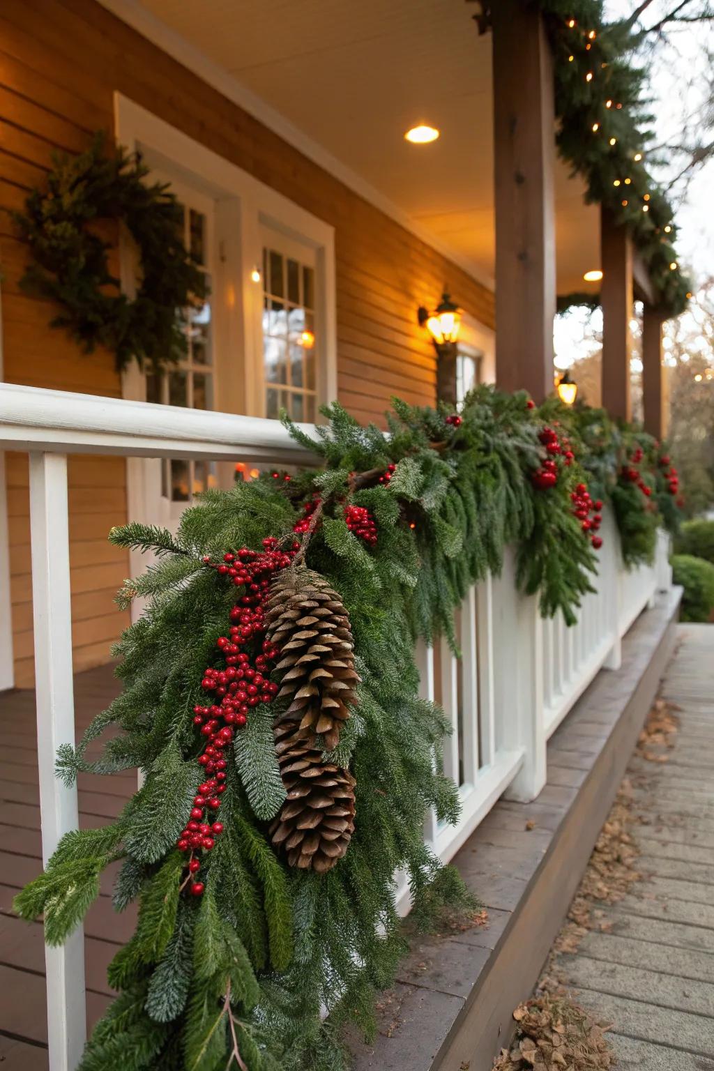 The classic evergreen garland brings enduring charm to your porch.