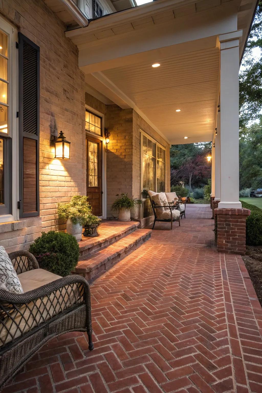 The herringbone arrangement lends timeless elegance to any porch.