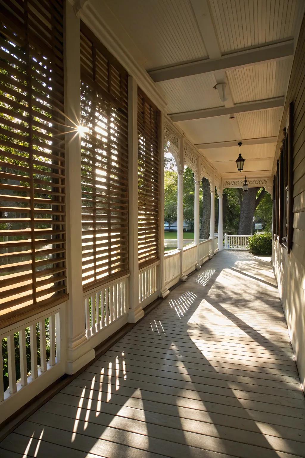 Refined wooden slat screens affording partial privacy and visual allure.