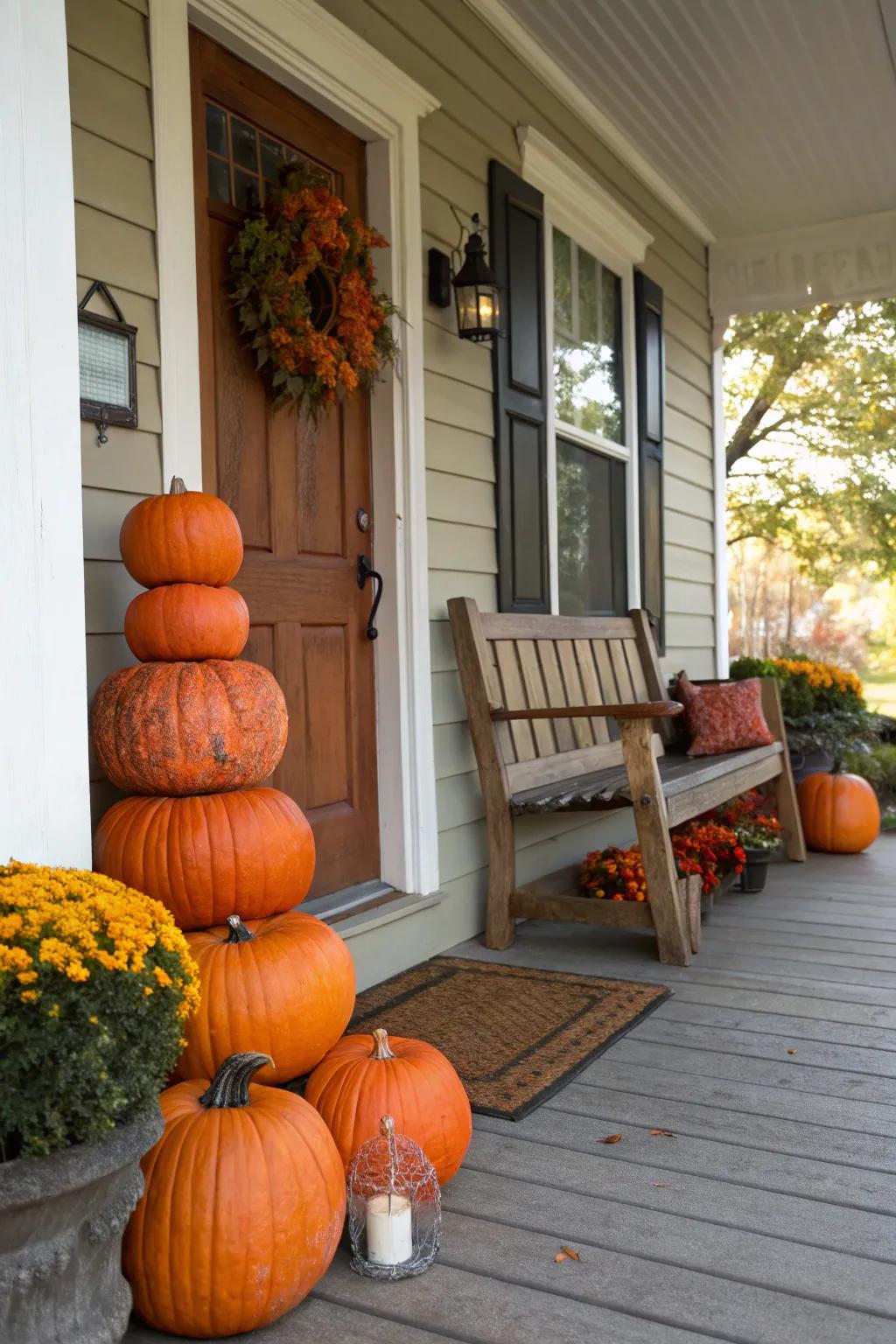 Stacked pumpkins bring a vertical touch to your porch design.
