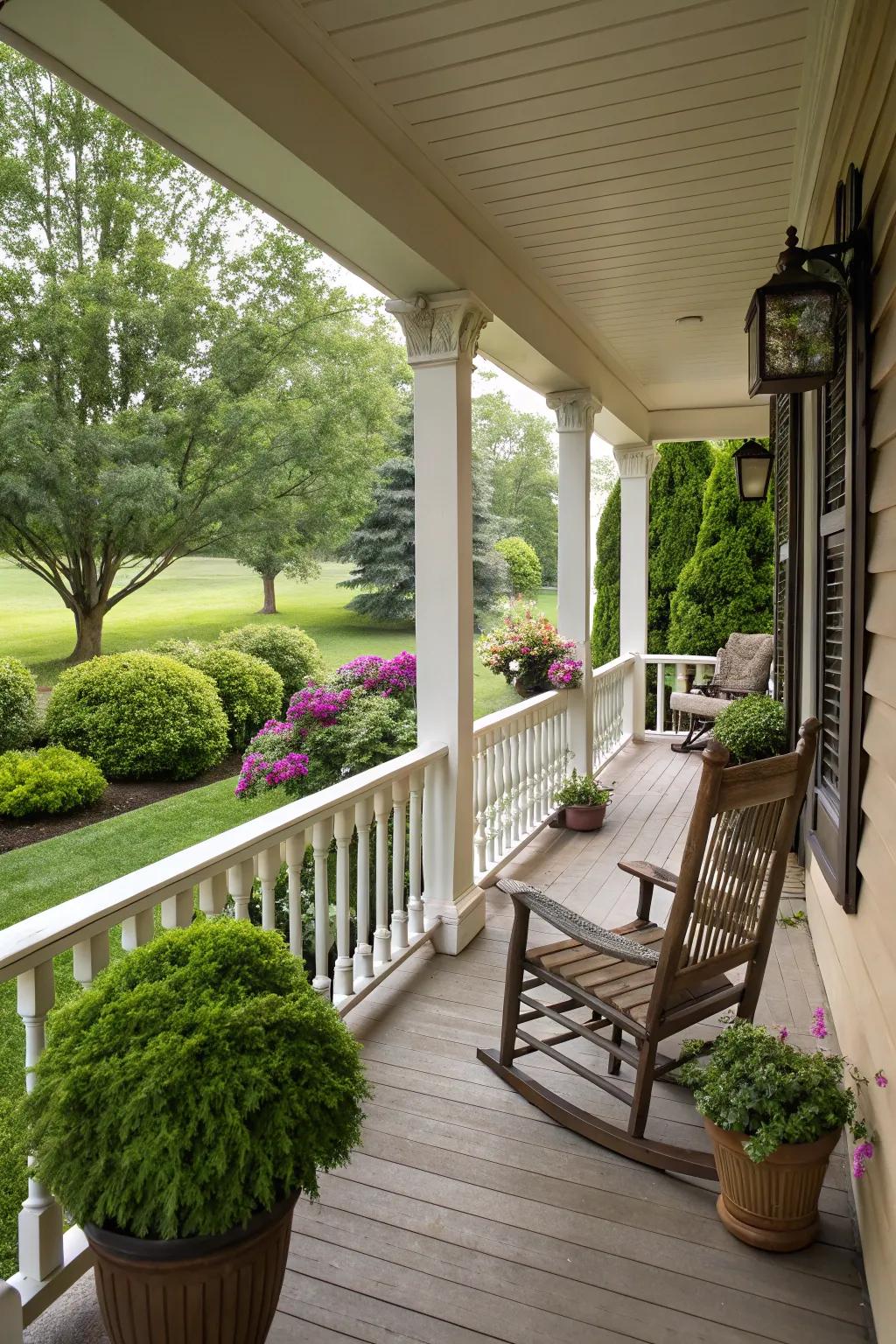 Classic wood railings infuse warmth and appeal to any front entrance.