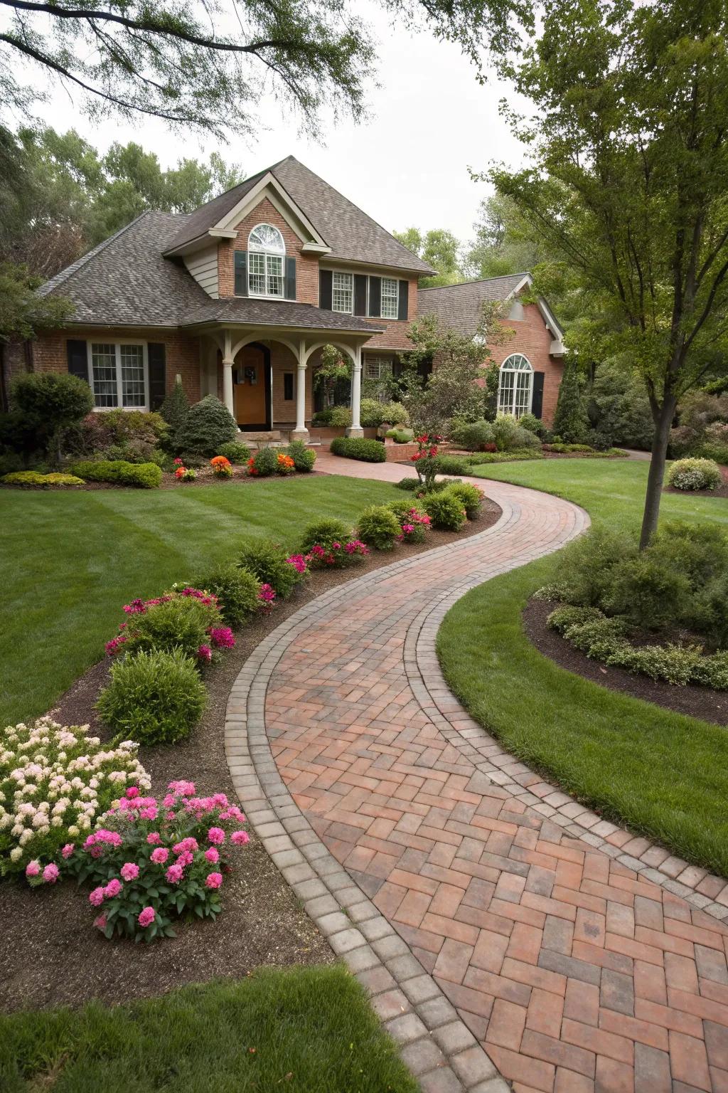 A lovely brick pathway winds through a flourishing front yard.