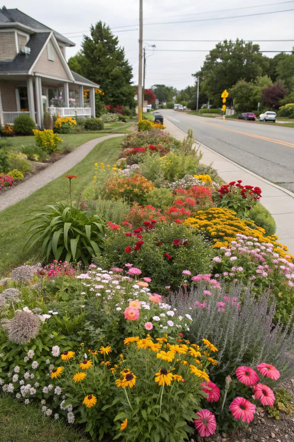 A colorful flower bed brightens up a corner lot with a variety of blossoms and hues.