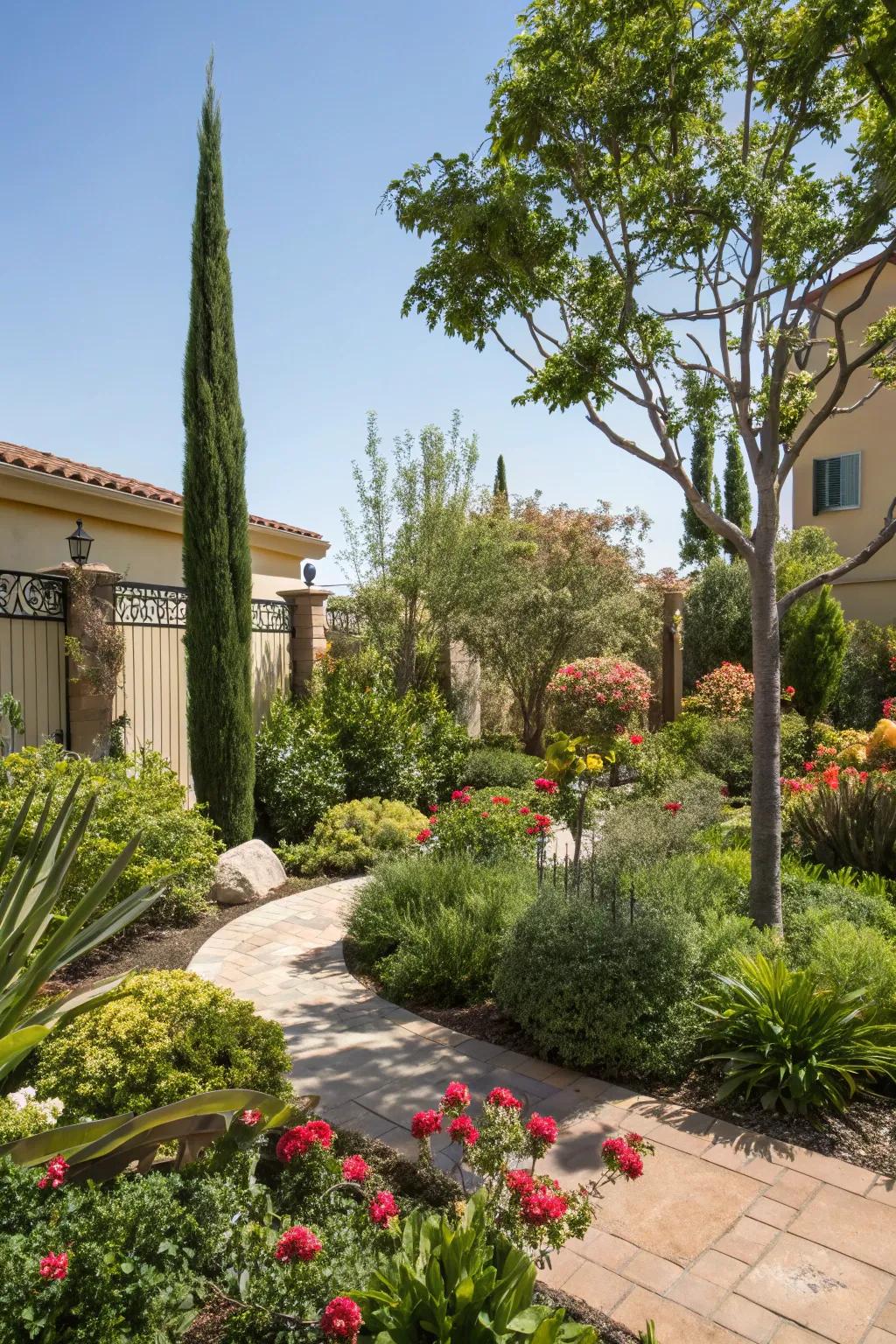 A verdant sanctuary in the front yard featuring diverse plants that foster a tranquil ambiance.