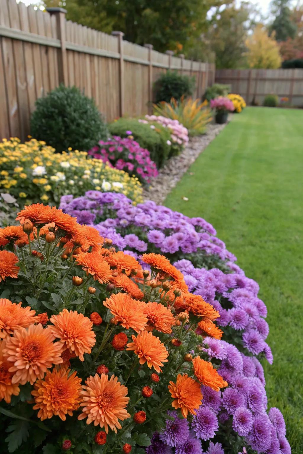 Illuminate your front yard using vibrant garden mums and starworts.