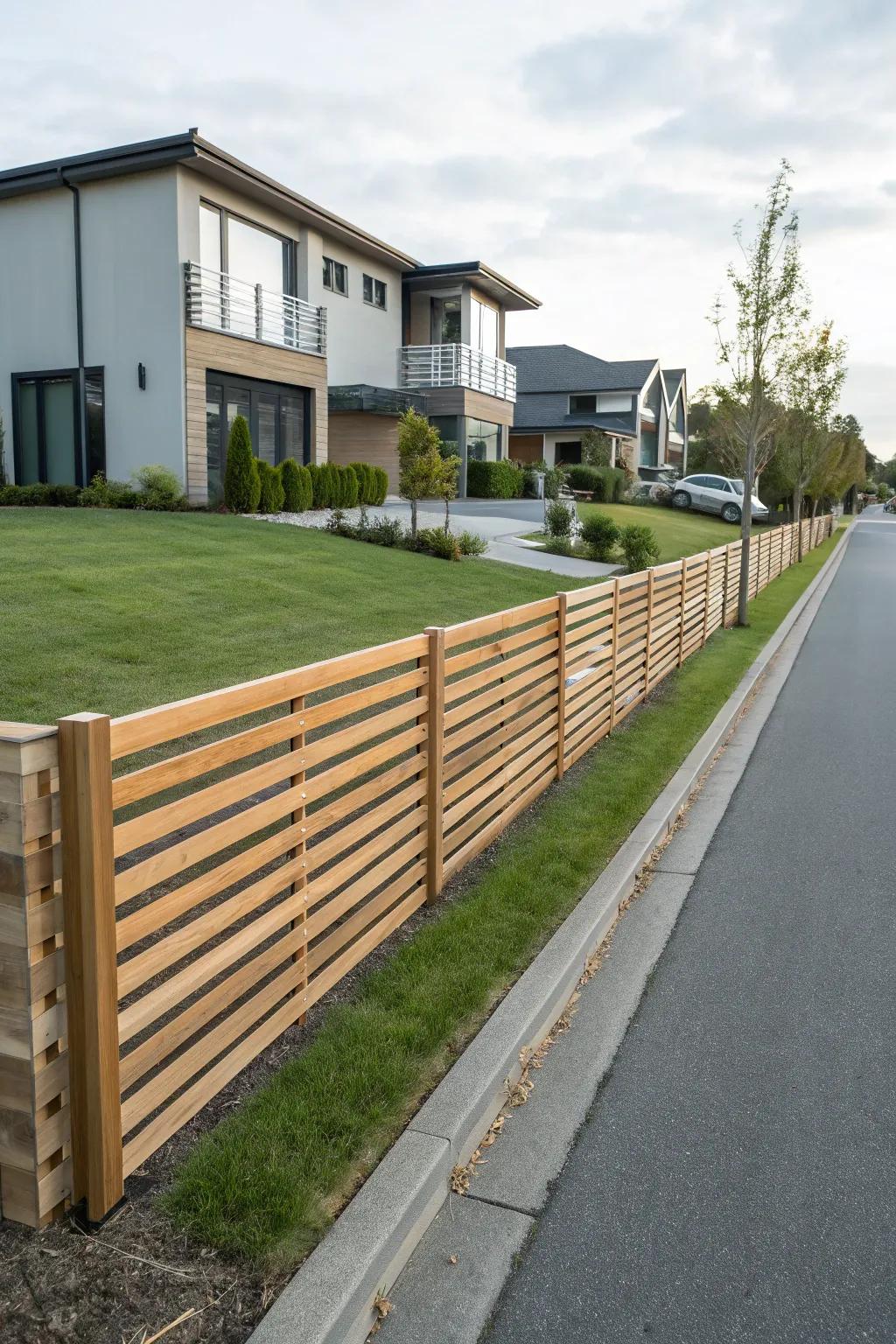 A streamlined horizontal slat fence enhances a modern driveway, offering a touch of contemporary flair.
