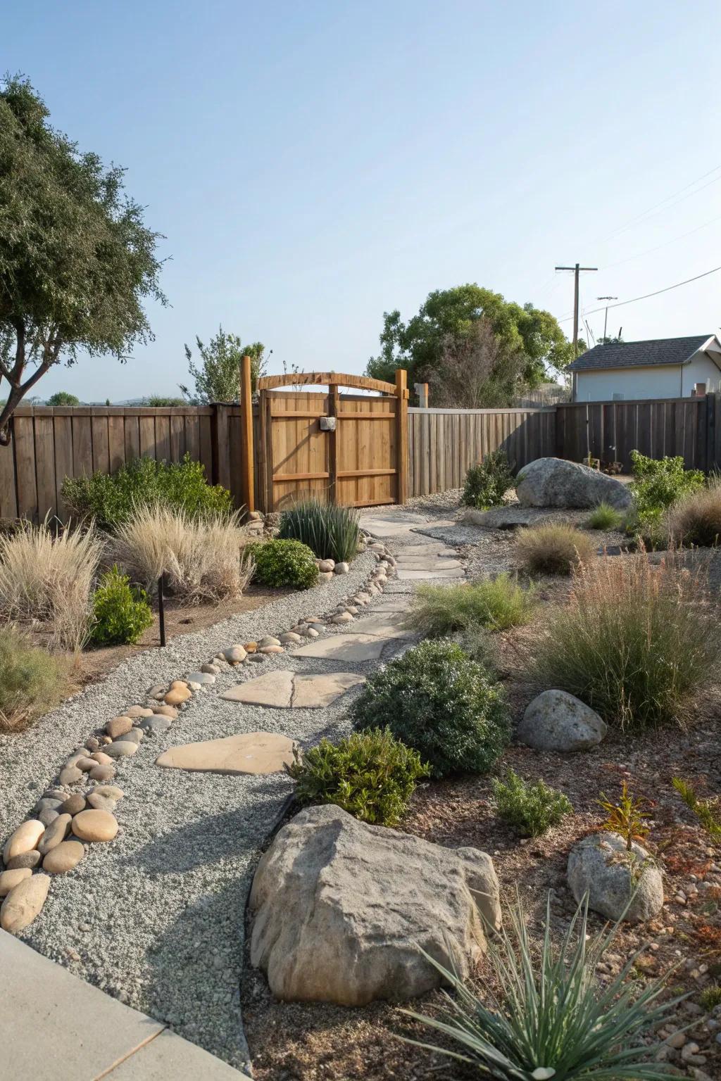 Gravel walkways bring a country feel while economizing on water use.