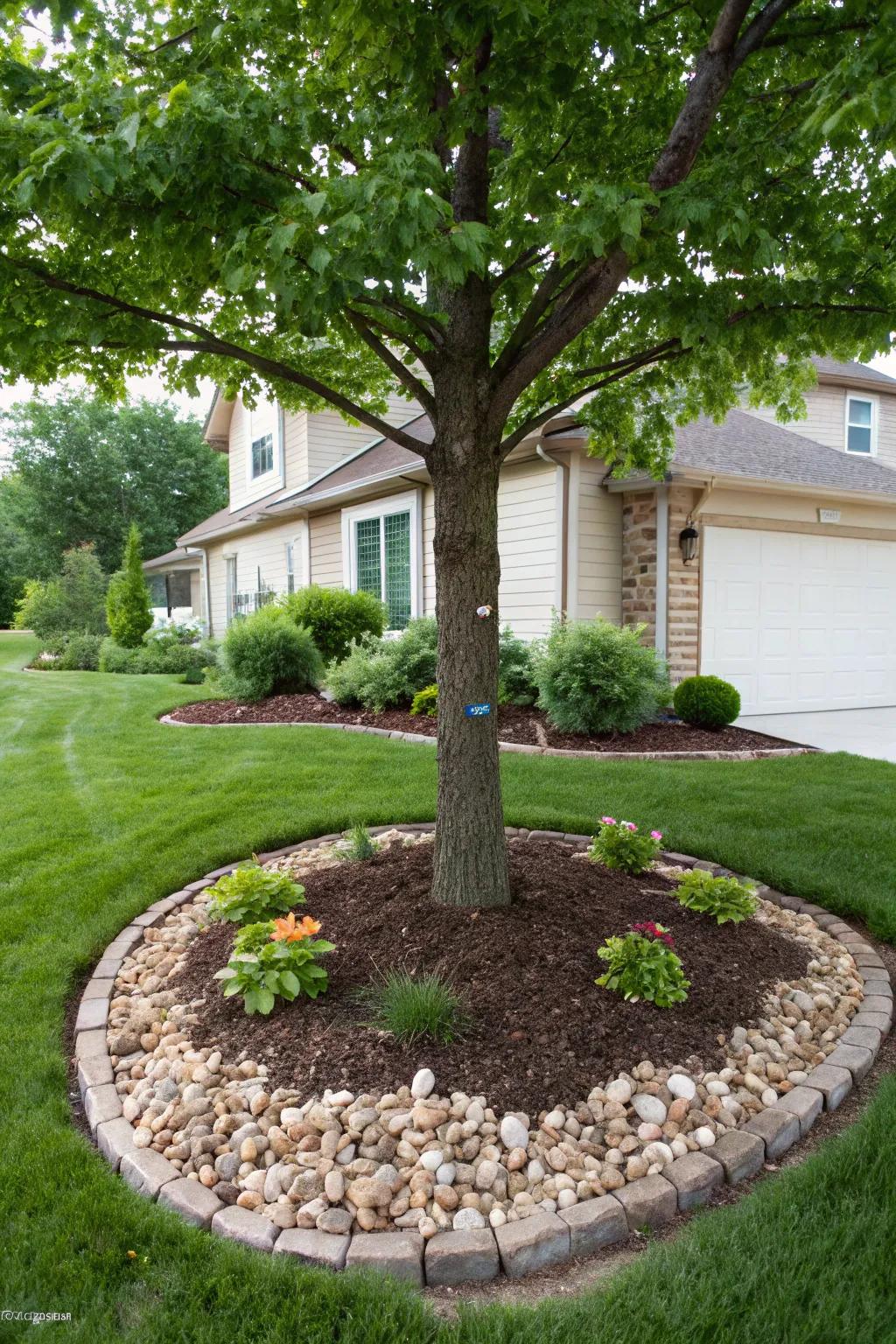 The use of mulch and pebbles generates an eye-catching contrast around tree roots.
