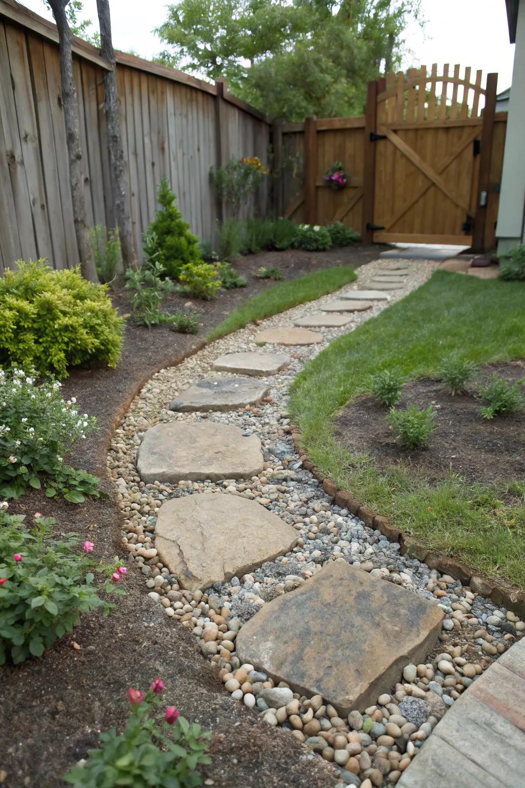 A stone walkway with stepping stones, offering an elegant passage through a front yard.