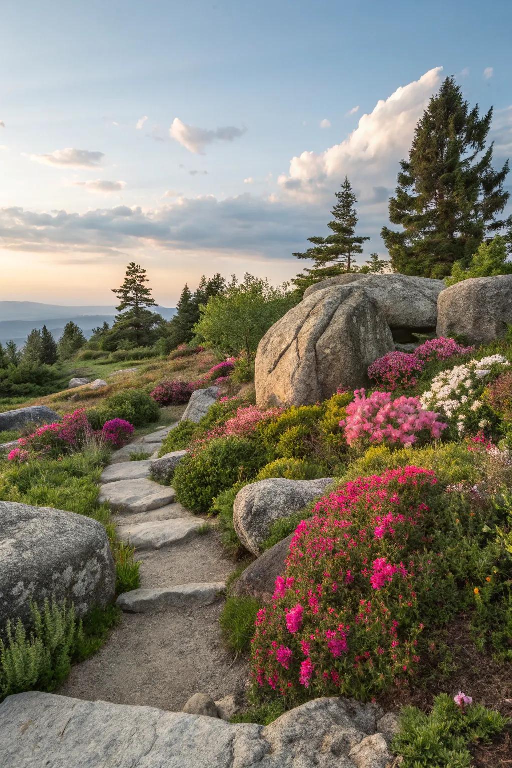 A balanced mix of stones and flowers in a stone garden.